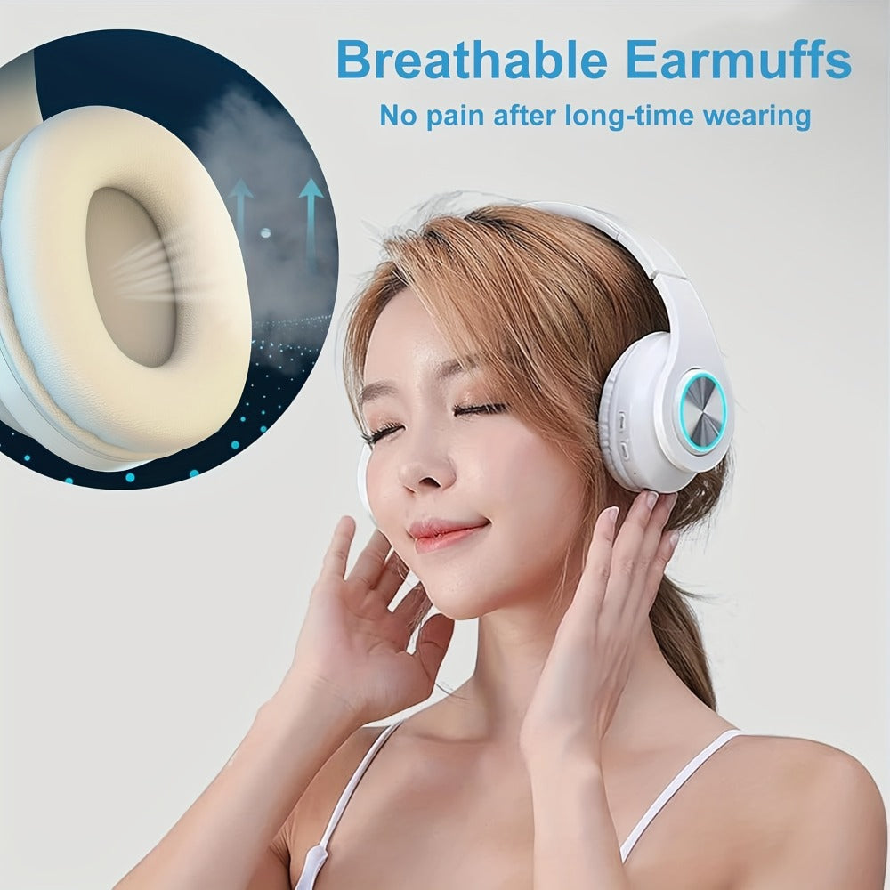 Wireless Headphones Deep Bass Foldable Lightweight Built-in Mic 3.5mm Wired Stereo Sound Type-C Charging for Travel Work Laptop iOS Android Red White