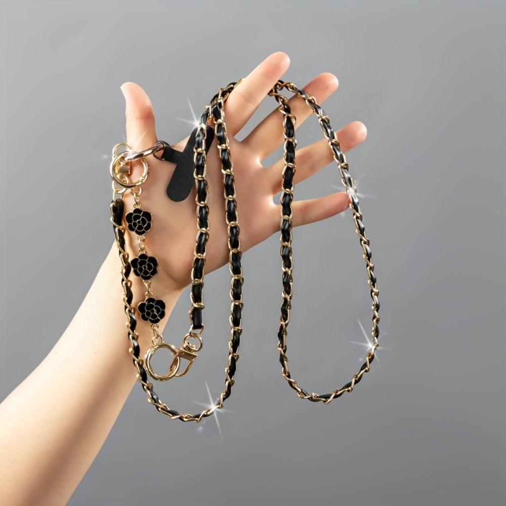 Crossbody Phone Strap Long Chain Pearl Camellia Metal Charm Elegant Lanyard for Women Girls – Clip-On Universal Fit iPhone Samsung Black White 2-5pcs Gift Set