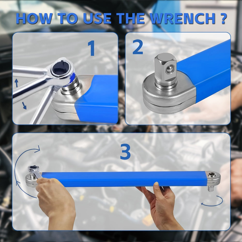 Ratchet Wrench 2-in-1 Offset Extension with 1/4" 3/8" 1/2" Square Head Adapters, 180-Degree Rotation High Torque Non-Slip Handle, Universal Flex Head Ratchet for Narrow Spaces & Auto Repair