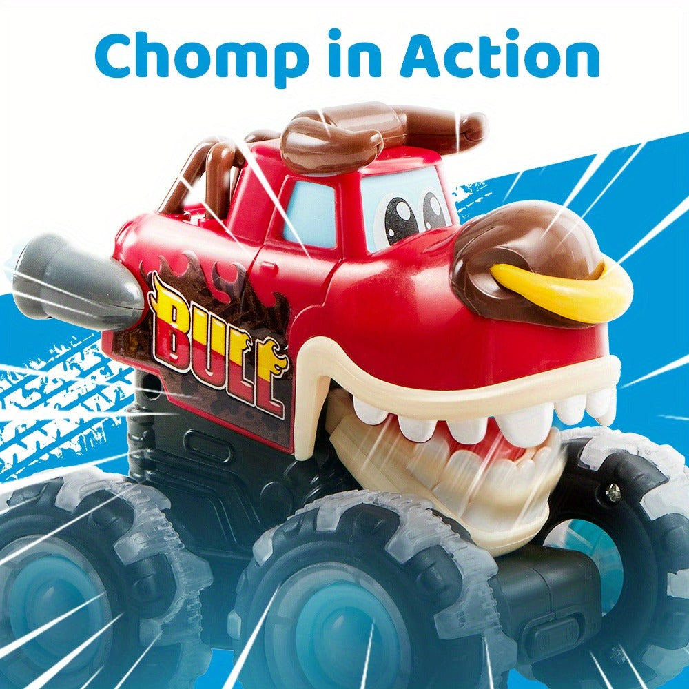 Monster Truck Toy 3-Pack with LED Lights, Press-and-Go Shark, Bull & Dinosaur