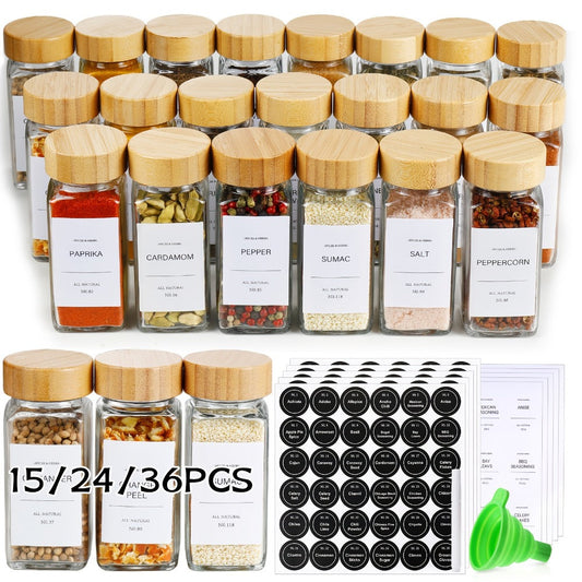 Glass Spice Jars with Labels, Lids and Funnel, 4 oz in 15-, 24- or 36-Piece Sets