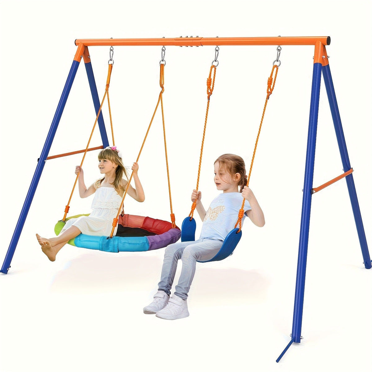 Outdoor Swing Set for Kids 3-in-1 Metal A-Frame 550 lbs Disc Saucer Swing Backyard Playground