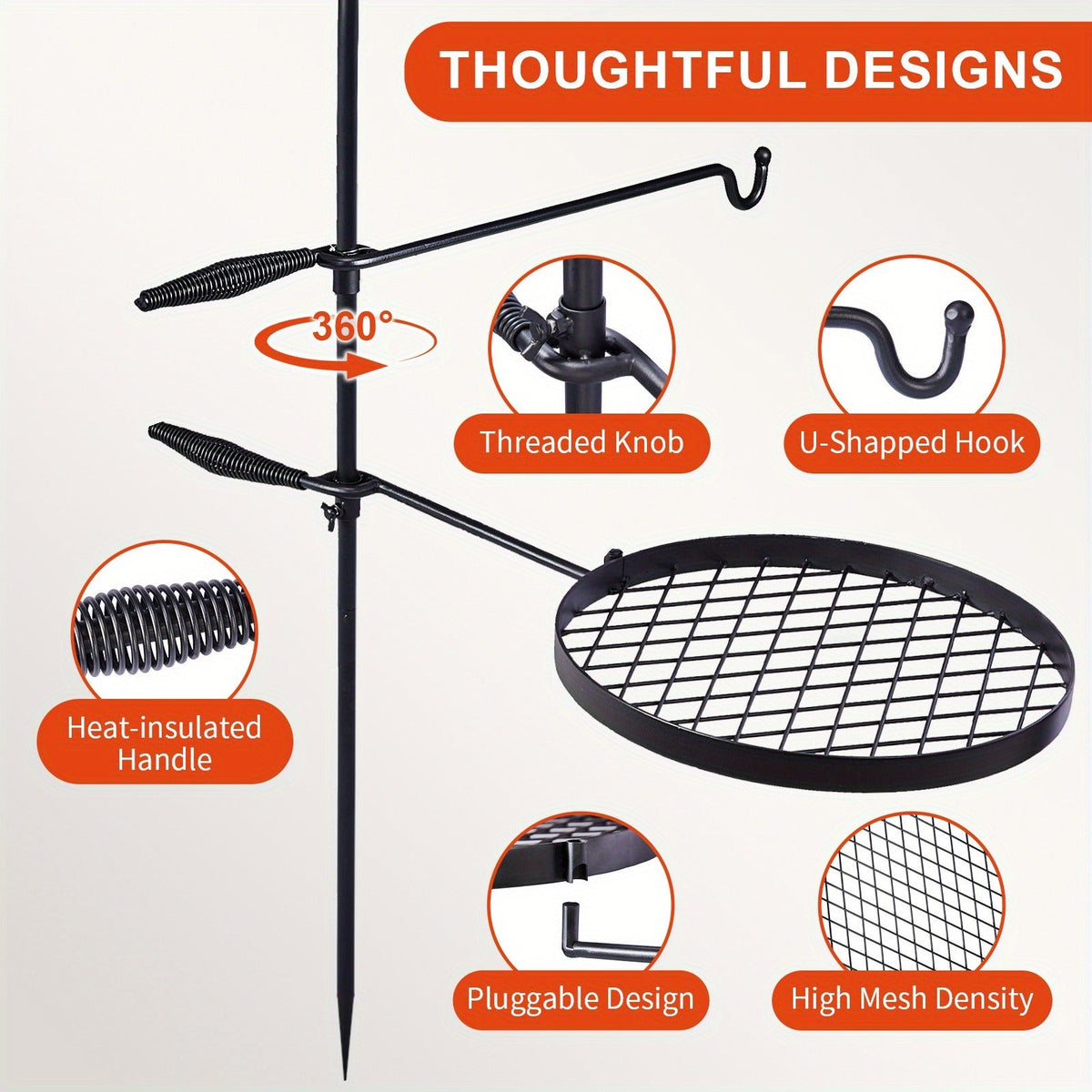 Campfire Grill Grate with Hanging Pole – Height Adjustable, 360° Rotation, 48" Thick Steel Pole, Swivel Grate Ring for Kettle, Dutch Oven & Pan – Portable Open Fire Cooking Grill for Camping & Outdoor