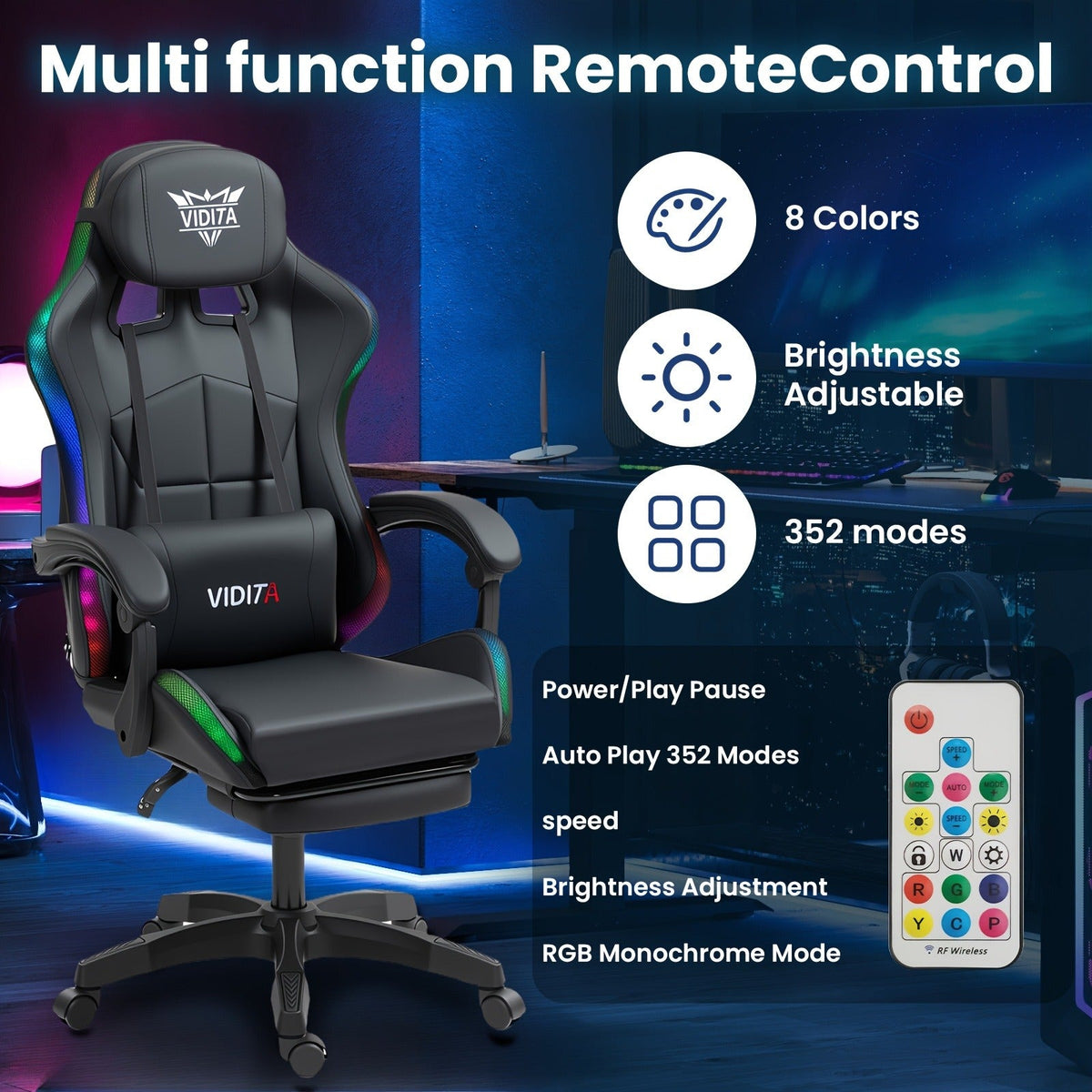 RGB Gaming Chair with LED Lights Footrest Ergonomic Gaming Chair with Massage Lumbar Support Reclining Video Game Chair for Adults Home Office Computer Chair with USB RGB Lighting