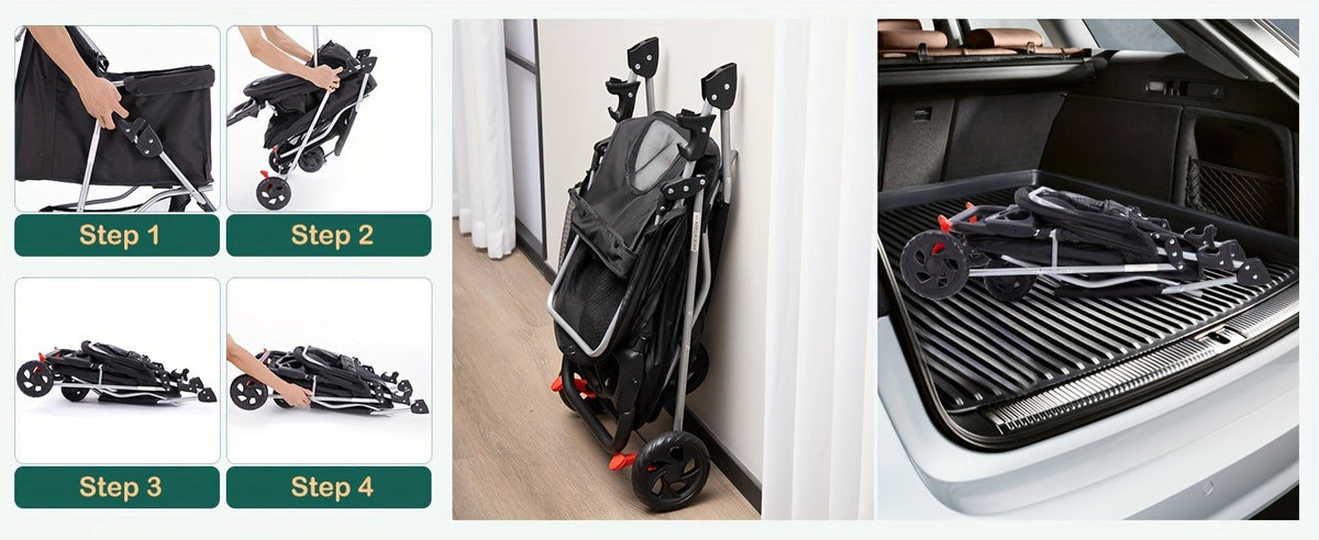 3-Wheel Pet Stroller for Small & Medium Dogs Cats - Foldable Jogger Stroller with Weather Cover, Storage Basket & Cup Holder, Breathable Mesh Window, All-Season Outdoor Walk Pram, Black