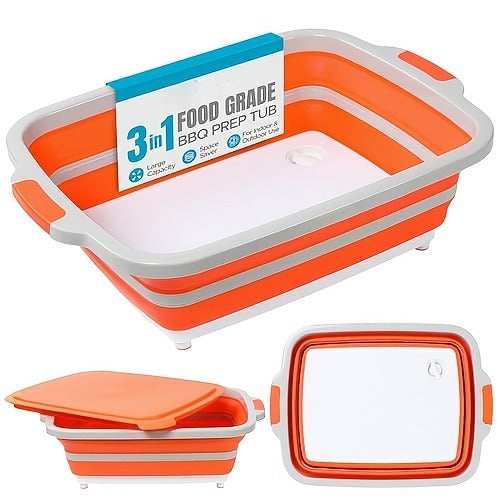 Collapsible BBQ Prep Caddy with Cutting Board & Lid - 3-in-1 Foldable Grill Preparation Tub, Food-Safe Plastic, Washing Basket & Marination Container - Orange