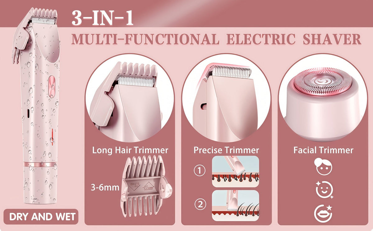 Electric Hair Trimmer for Women Dual Head IPX7 Waterproof USB Rechargeable Painless Bikini Trimmer Face Body Shaver Arms Legs Underarm Bikini Line Sensitive Skin Pink Special Edition Gift Set