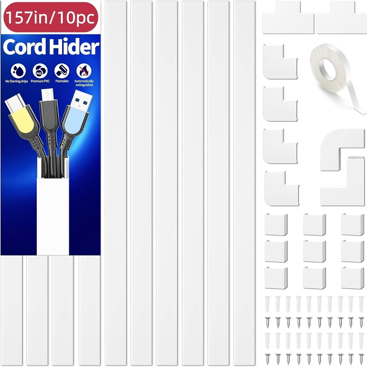 Cable Raceway Cord Hider for Wall Paintable White Self-Adhesive No-Drill – Wire Hiding Channel 0.95"W x 0.55"H for TV Home Office Desk Baseboard, Snap-On Cover, 6-Piece or 94"/157" Sets