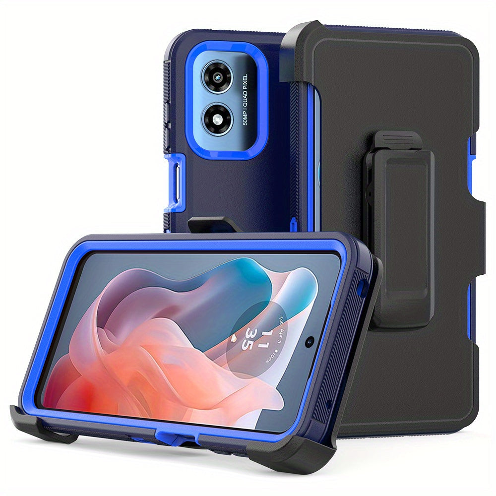 Moto G Play 2024 Heavy Duty Case Belt Clip Holster Kickstand - 3-in-1 Rugged Shockproof Protective Cover with Multi-Layer Drop Protection for Motorola Moto G Play 2024, Black Orange Blue Purple Green