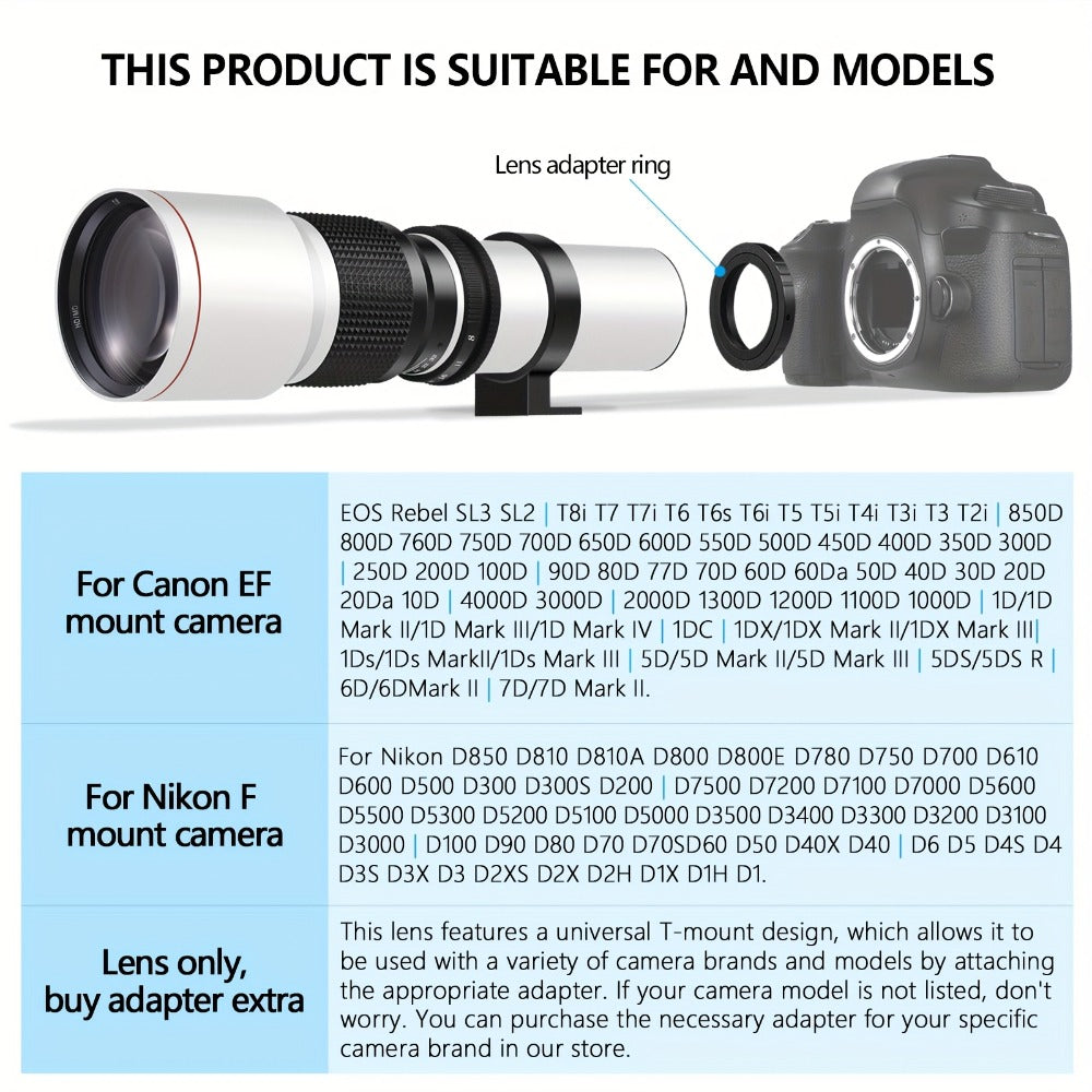 500mm F/8 Manual Focus Telephoto Lens for Canon EF & Nikon F Mount DSLR Cameras - T-Mount Zoom Lens with Adapters, Bird Wildlife Sports Photography