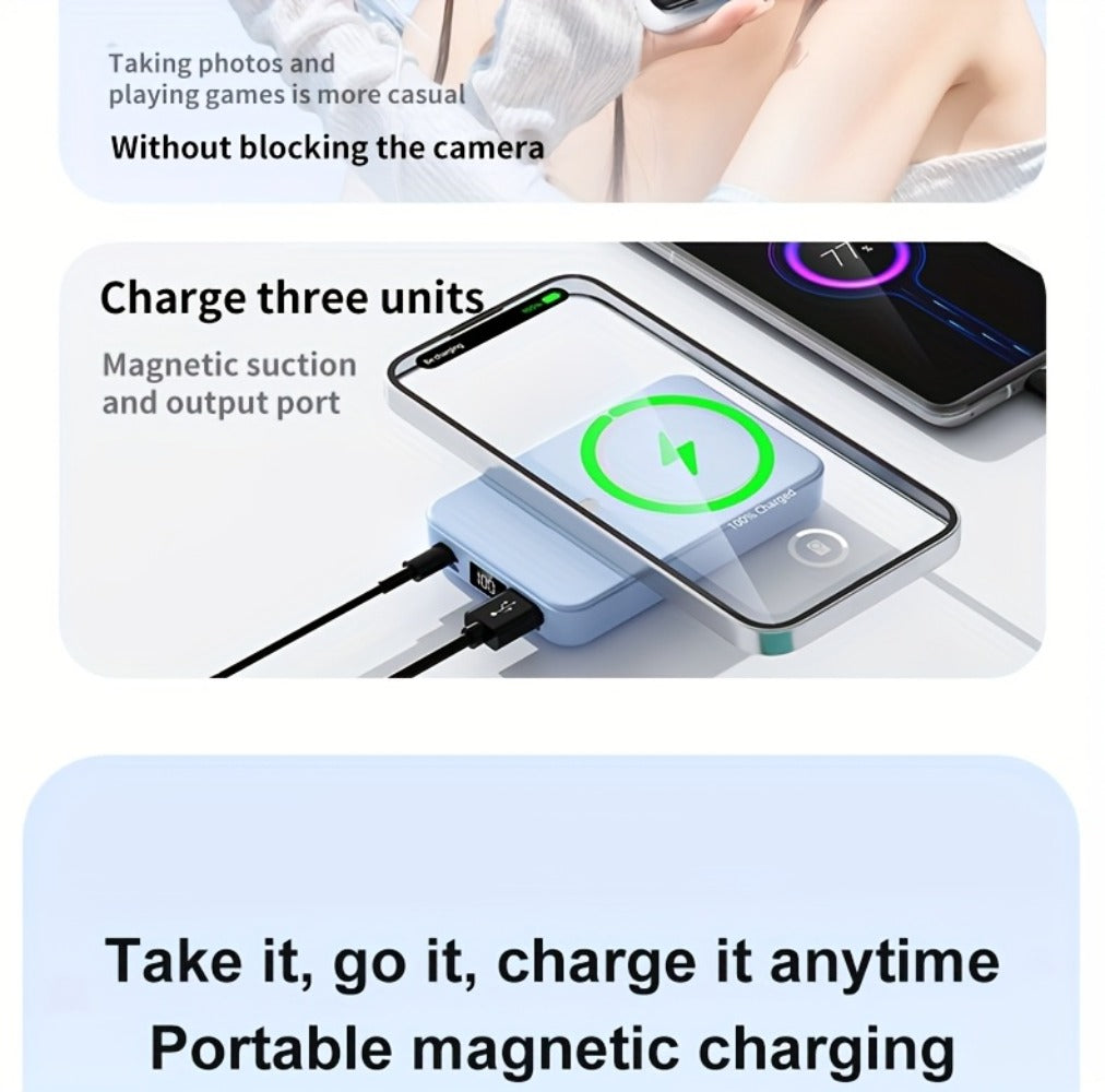 Magnetic Wireless Power Bank 10000mAh 22.5W Fast Charging Portable Charger with LED Display Built-in Kickstand PD20W USB-C Charges 3 Devices Travel Outdoor Black White Purple