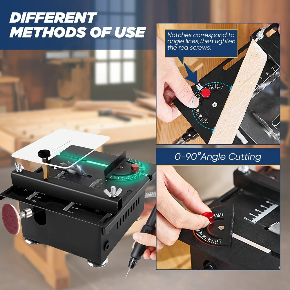 Mini Table Saw Multifunctional Desktop Cutting Machine – 100W Motor, 7-Speed Adjustable, 0–90° Angle Cut, 4 Saw Blades Included, Portable DIY Table Saw for Wood, Metal, Plastic, PCB, Acrylic – with Extra Accessories Option