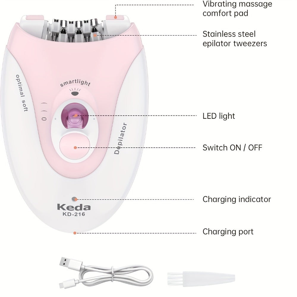 Electric Epilator for Women USB Rechargeable 2-Speed Painless Hair Removal – Stainless Steel Blades Cordless Portable Body Hair Remover for Legs Bikini Line Face, Ergonomic Pink Design, Gift for Her
