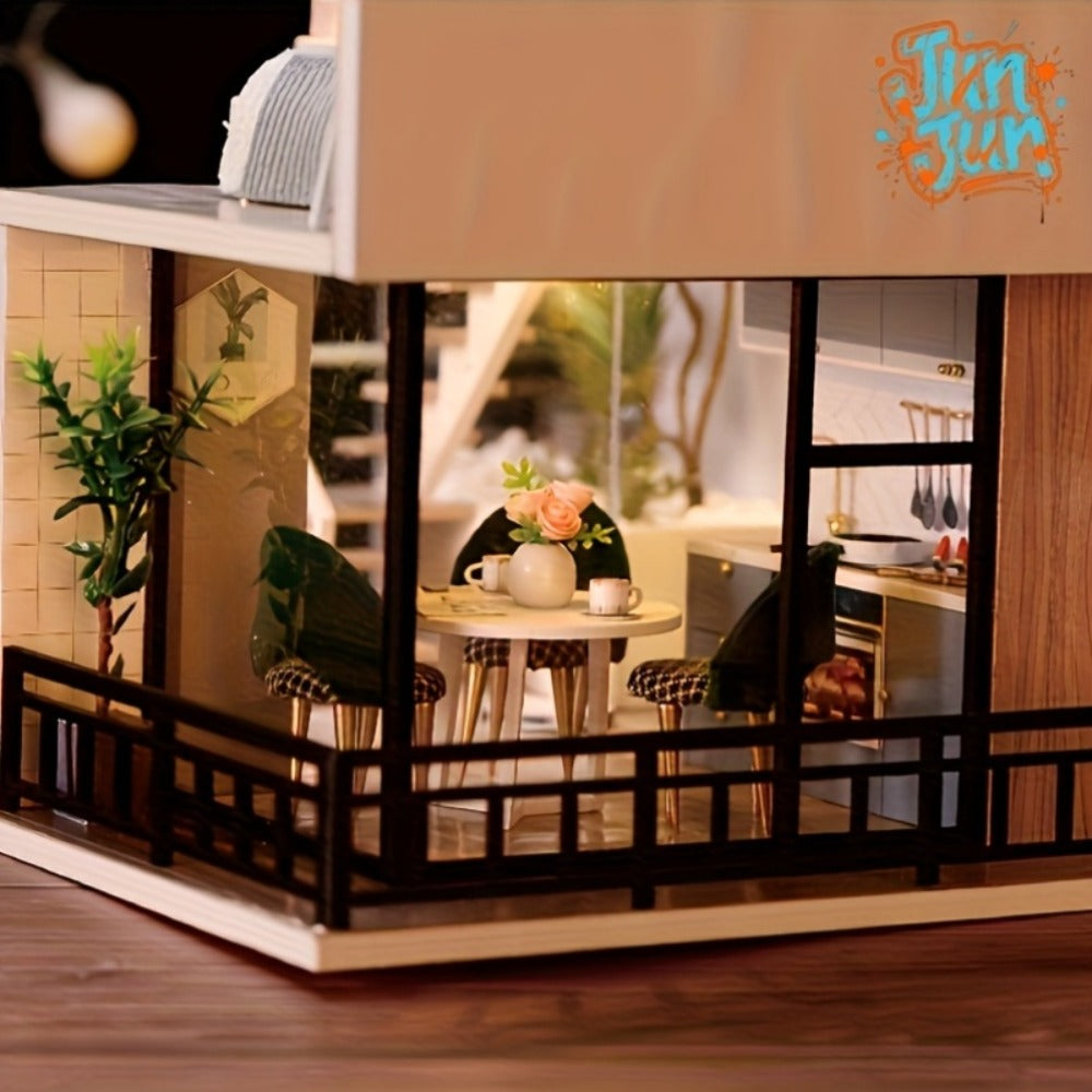 Two-Story Wooden Cottage 3D Puzzle Kit with Furniture and Tools