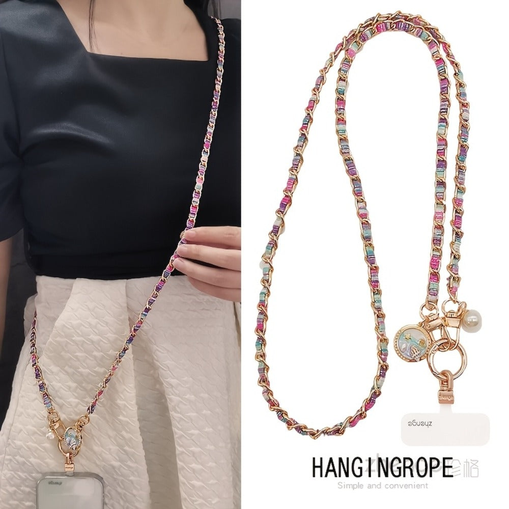 Metal Chain Phone Crossbody Strap Painted Fabric Long Lanyard Fashionable Disc Button Shoulder Phone Strap – Hands-Free for Women Daily Shopping Travel Outdoor Gift