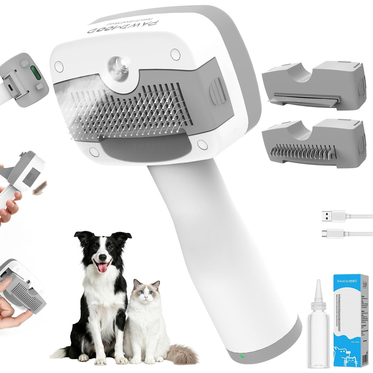 Pet Steam Brush 5-in-1 Self-Cleaning Anti-Static USB Powered - Stainless Steel Bristles Built-in Tank for Cats Dogs Shedding Massage Cleaning Flea & Tick Removal