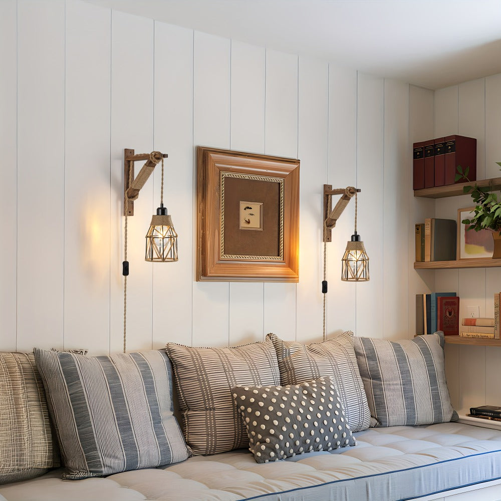 Plug In Wall Sconces Set of 2 or 1 – Rustic Farmhouse Wall Lamp with Metal Cage & Wooden Bracket, Plug-Into-Outlet Hanging Light for Bedroom, Living Room & Headboard