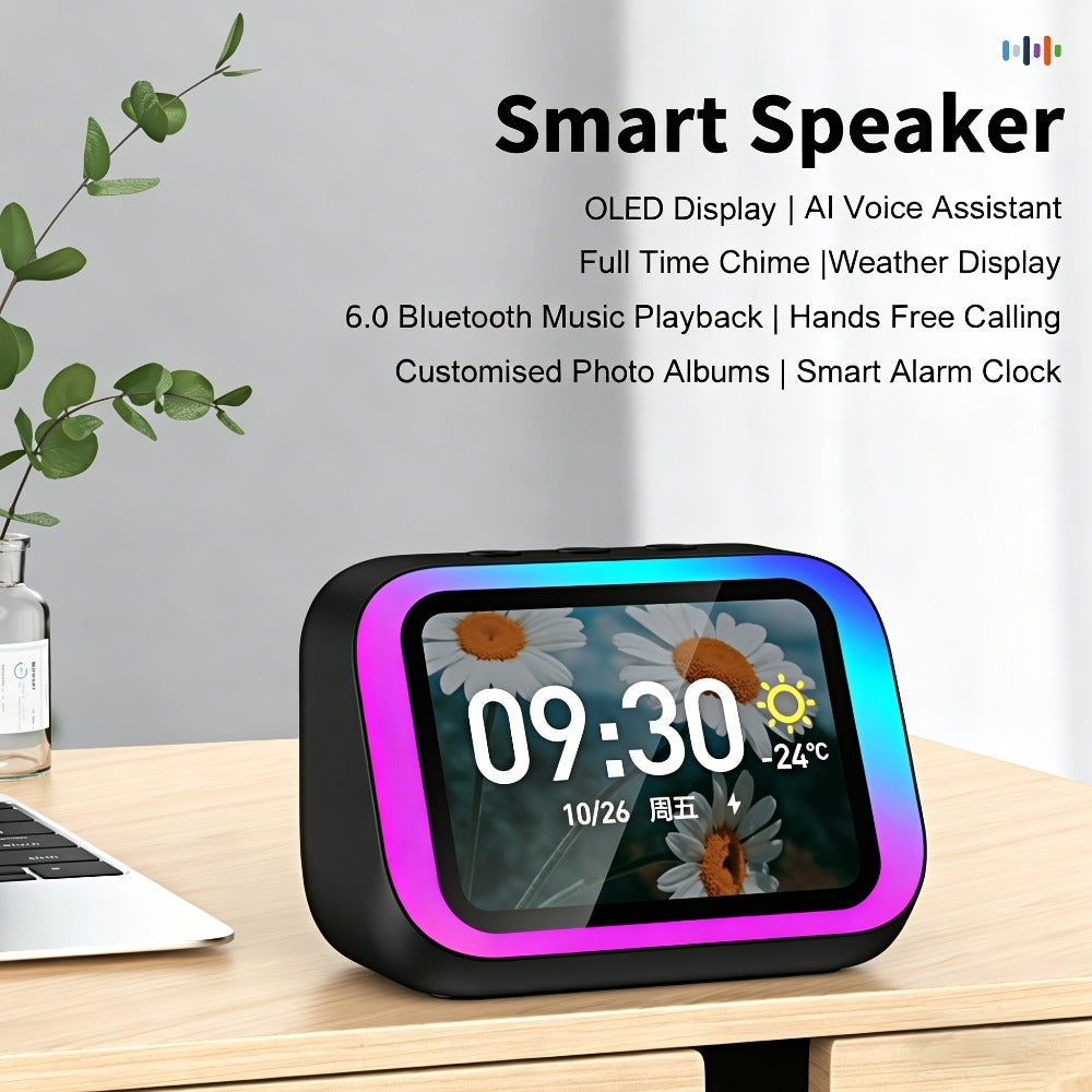 Smart Alarm Clock with AI Voice Assistant & Wireless Speaker - Dynamic RGB Light, Hi-Fi Stereo Sound, HD Display, Answer Calls, Period Tracker, 2500mAh Battery, Portable Bedside Charging Clock