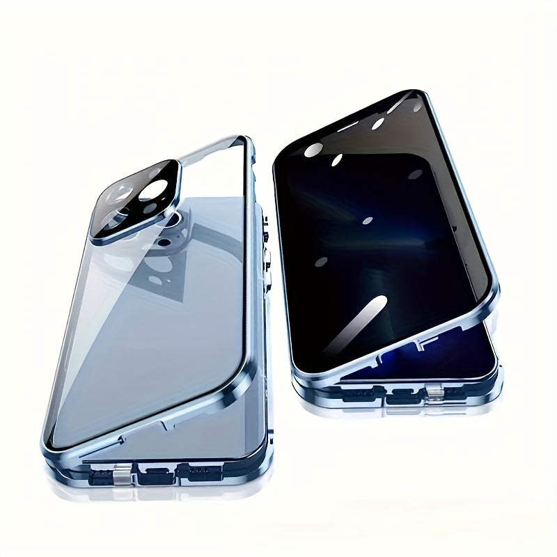 Clear Back Privacy iPhone Case with Metal Frame & Magnetic Double-Sided Tempered Glass – Anti-Peep Anti-Spy Transparent Cover for iPhone 12 13 14 15 16 Pro Max Plus, Wireless Charging Compatible