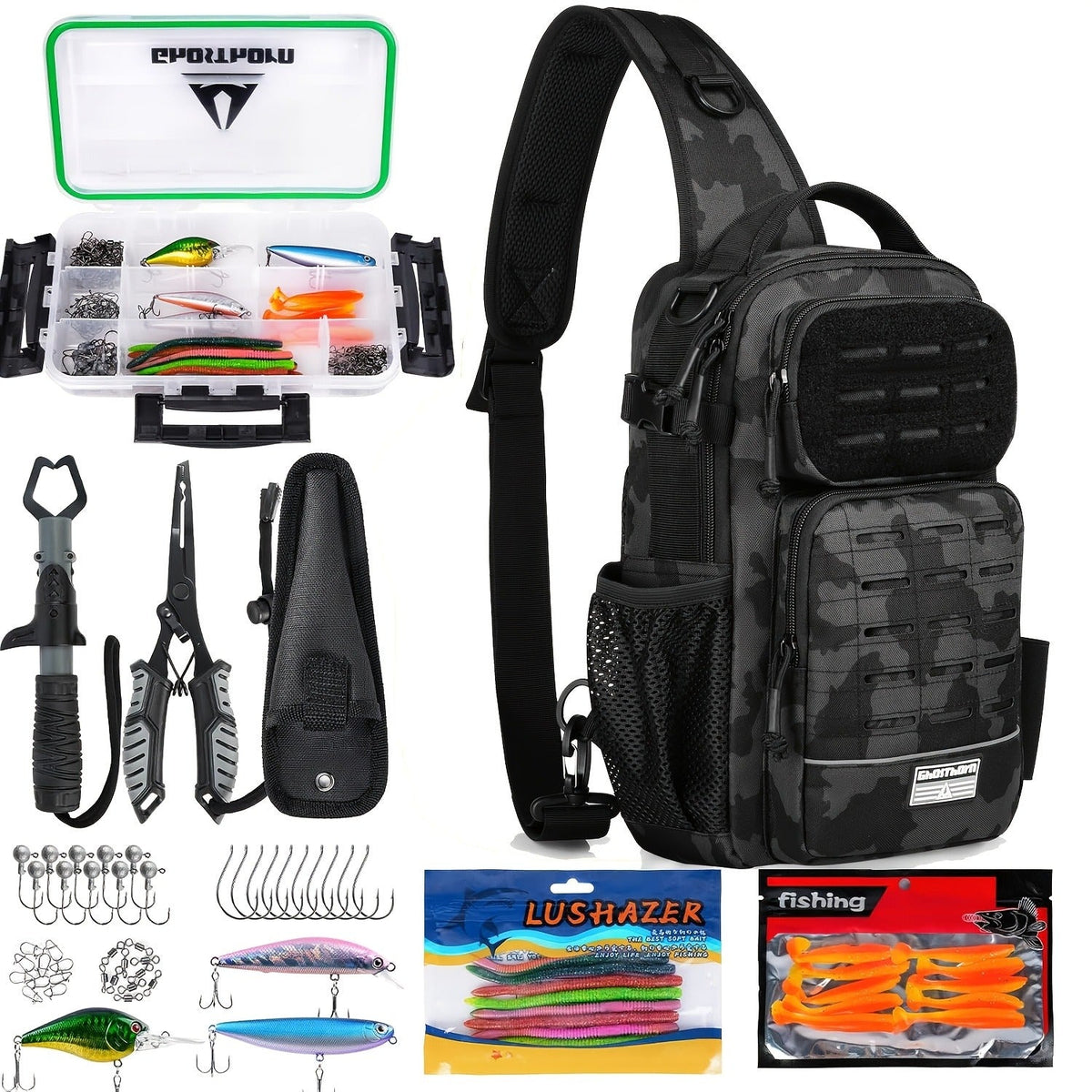 Camouflage Fishing Shoulder Bag with Zipper – Tactical Outdoor Gear Bag for Fishing Tackle, Hunting & Camping, Multi-Pocket Crossbody Bag, Available in Green Camo, Black Camo, Black & Khaki, Gift Box Option