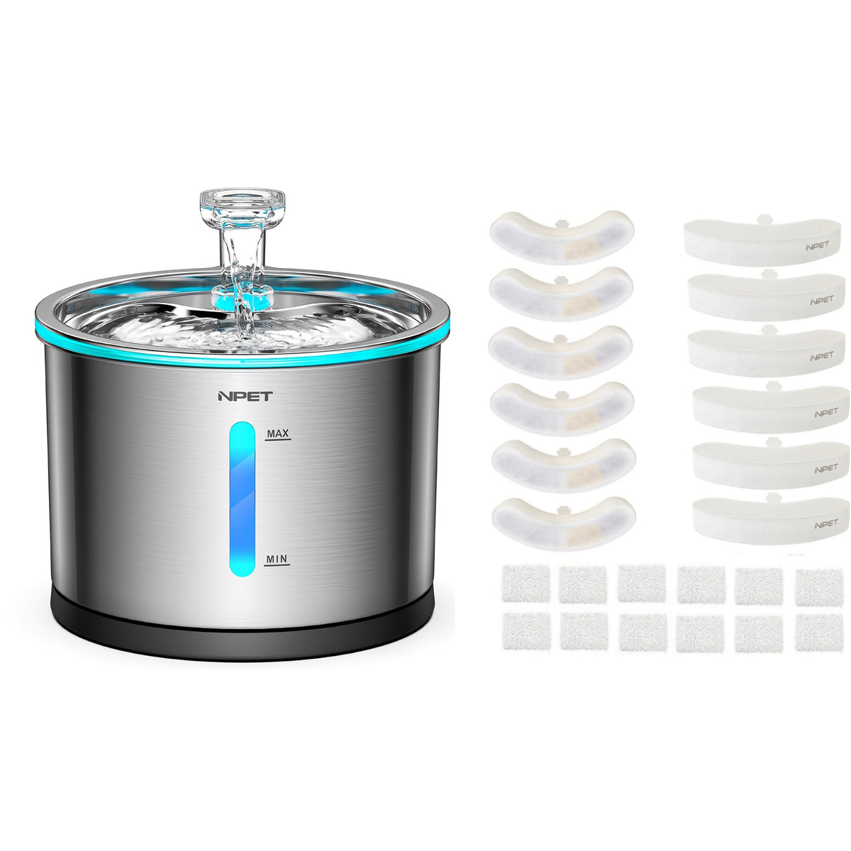 Cat Water Fountain Stainless Steel 50oz/1.5L - Ultra Quiet Auto Pet Water Dispenser with LED Light, Visible Window & Dishwasher Safe - Includes Replacement Filters for Cats & Dogs Indoor