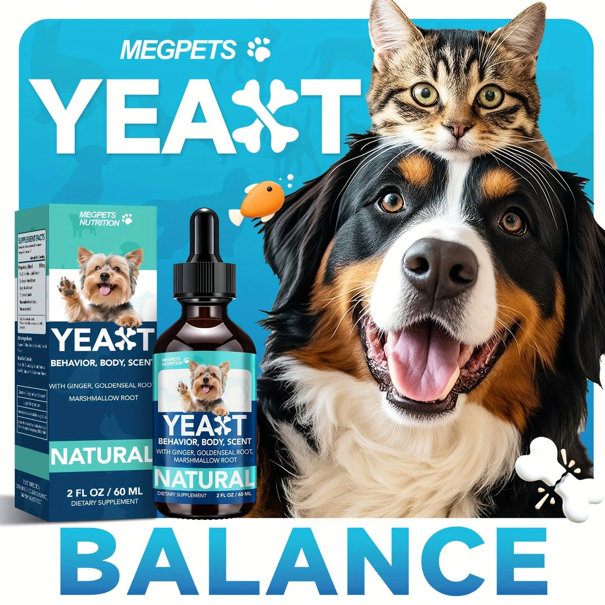 Yeast Supplement Drops for Dogs & Cats – No Odor Formula with Pau D’Arco Bark & Goldenseal Herb Liquid Extract | Easy-to-Use Pet Antifungal Support, 2 Fl Oz (60ml)