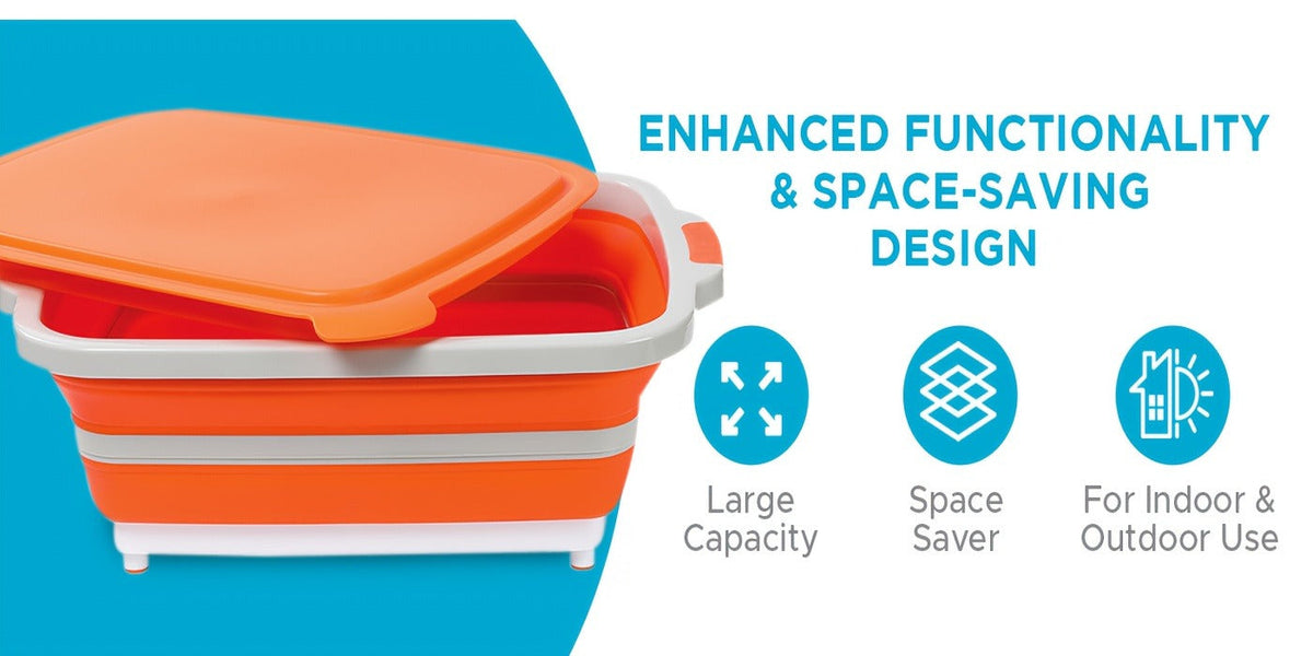 Collapsible BBQ Prep Caddy with Cutting Board & Lid - 3-in-1 Foldable Grill Preparation Tub, Food-Safe Plastic, Washing Basket & Marination Container - Orange
