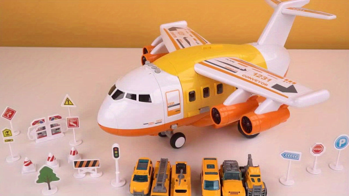 Transport Cargo Airplane Toy for Kids – Jumbo Plane with 10 Mini Cars & Spray Mist