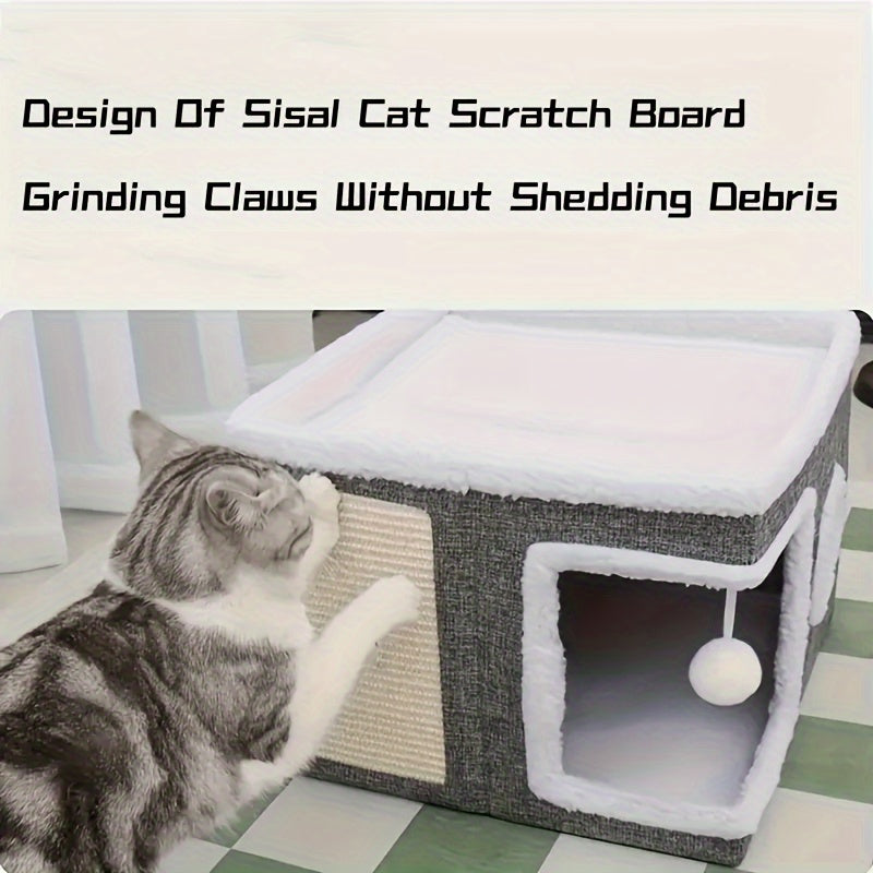 Cat House Foldable Multi-Layer 2-Tier Bed Toy Tunnel Scratching Post Plush Hanging Ball Canvas Nylon Frame All-Season Indoor Cat Cube Enclosure Gray Classic