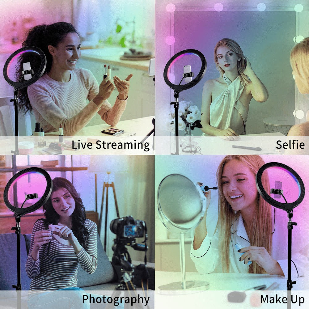 Ring Light 12 Inch Adjustable Brightness RGB with 63 Inch Floor Stand for Photo Selfie Video Recording Zoom Meetings Vlog Live Streaming TikTok YouTube Makeup