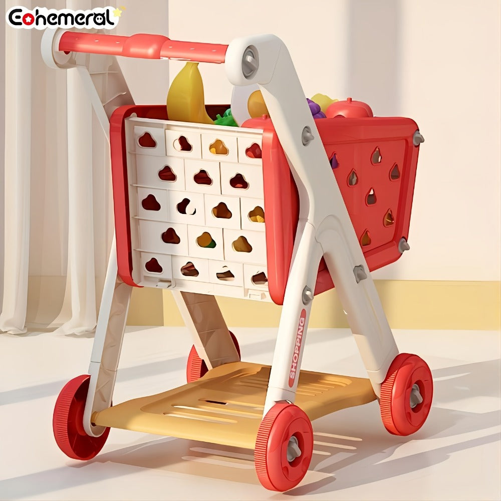 Pretend Play Shopping Cart Set with Toy Food for Grocery Store Role Play