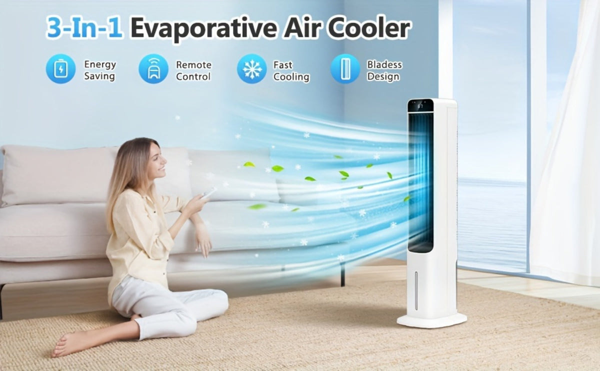Evaporative Air Cooler Portable 1.32 Gal, 3-in-1 Swamp Cooler Fan Humidifier with Ice Cooling, 4 Ice Packs, 70° Oscillation & Low Noise, Bladeless Tower Fan Air Conditioner for Bedroom Kitchen Office