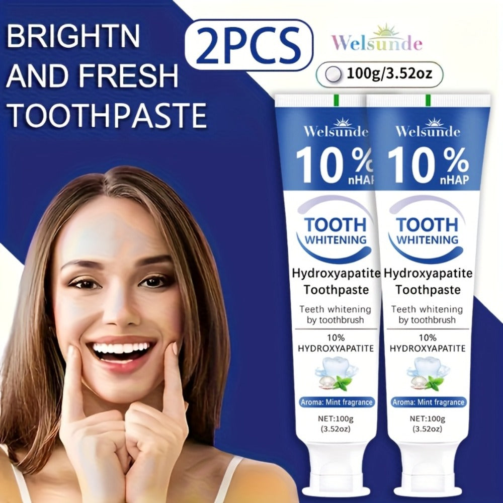 Nano Hydroxyapatite Toothpaste 2-Pack 10% HAp European Formula — Remineralizes Enamel, Deep Cleans & Whitens, Fluoride-Free, Gentle on Gums, Minty Fresh Breath, 100g/3.52oz Each