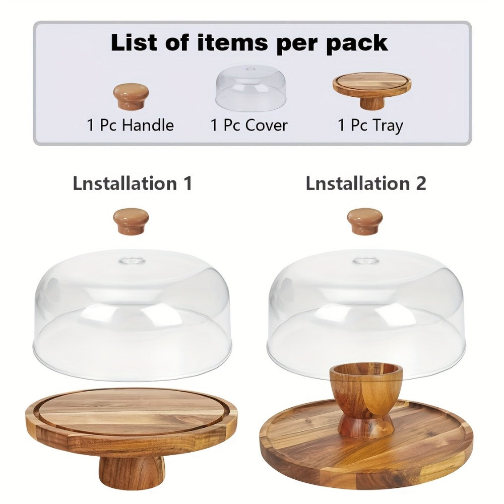 Cake Stand with Acrylic Dome Lid – Acacia Wood Serving Platter 2-in-1 Round Shatterproof Dessert Display Tray for Cheese Charcuterie Fruit Veggie Chips Party Table Centerpiece Holiday Gift