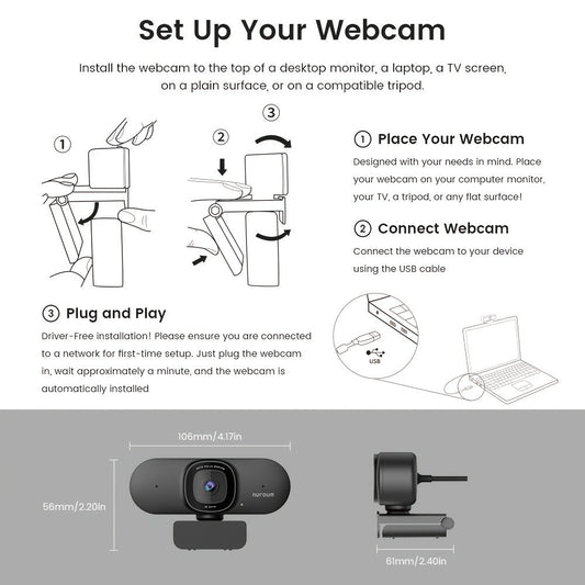 NUROUM USB Webcam for Video Calls & Streaming, V11 2K and Autofocus Options