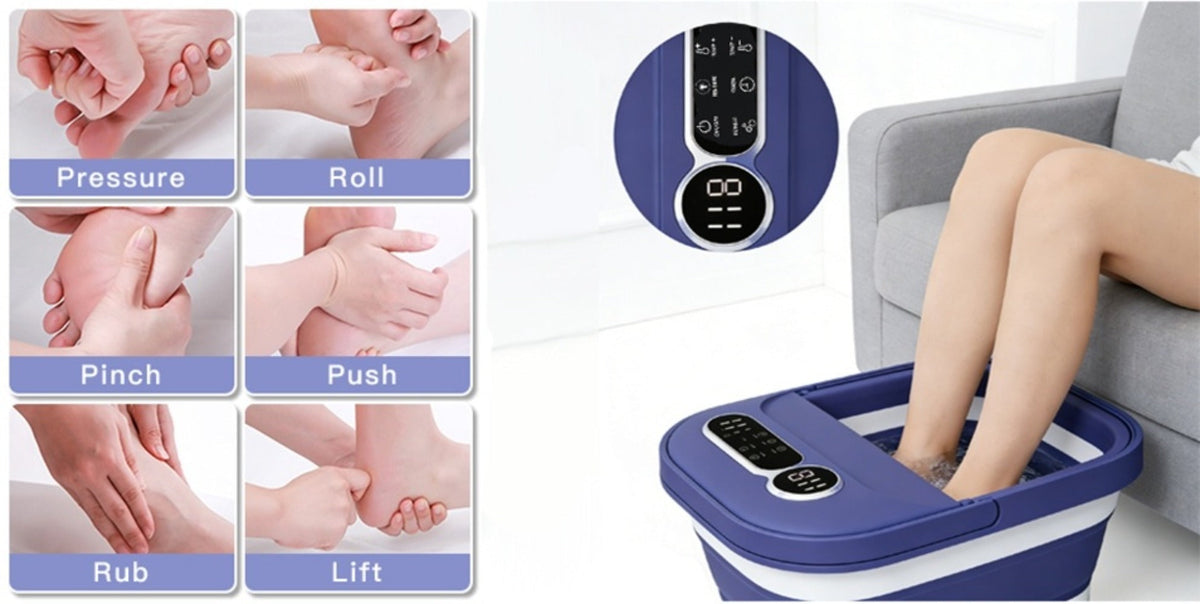 Foot Spa Massager Collapsible with Heater & Temperature Control – Foot Bath with Bubbles, 6 Massage Rollers, Vibration, Red Light Therapy & Auto Massage for Home Foot Care, Black Blue