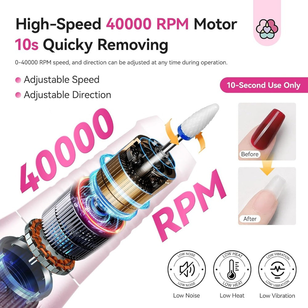 Electric Nail Drill 40000 RPM Rechargeable Professional Nail Drill Machine 4000mAh Battery LCD Display Ceramic Bits Sanding Bands for Acrylic Gel Nails Salon Home Use