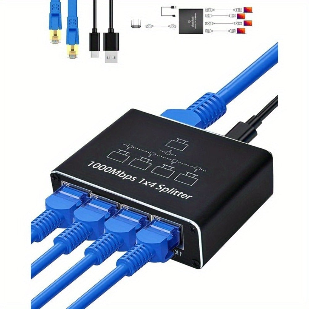 Gigabit Ethernet Splitter 1 to 4 Port 1000Mbps High-Speed LAN Network Adapter with USB Power Cable, Supports 4 Devices Simultaneously, Plug and Play RJ45 Hub for Home Office Gaming Smart TV NAS