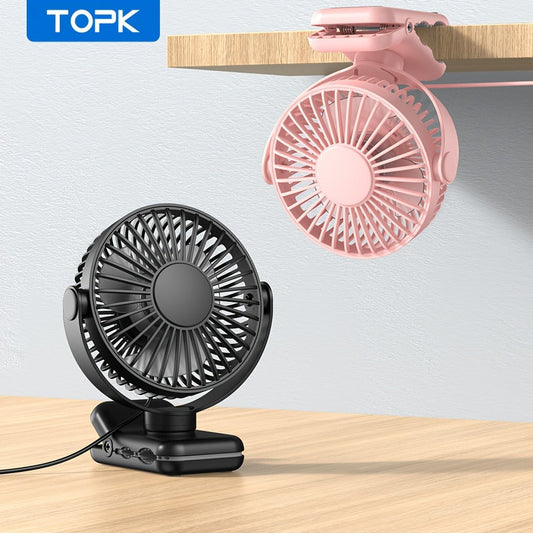 USB Clip-On Desk Fan with Brushless Motor and 360° Adjustable Head, Black or Pink