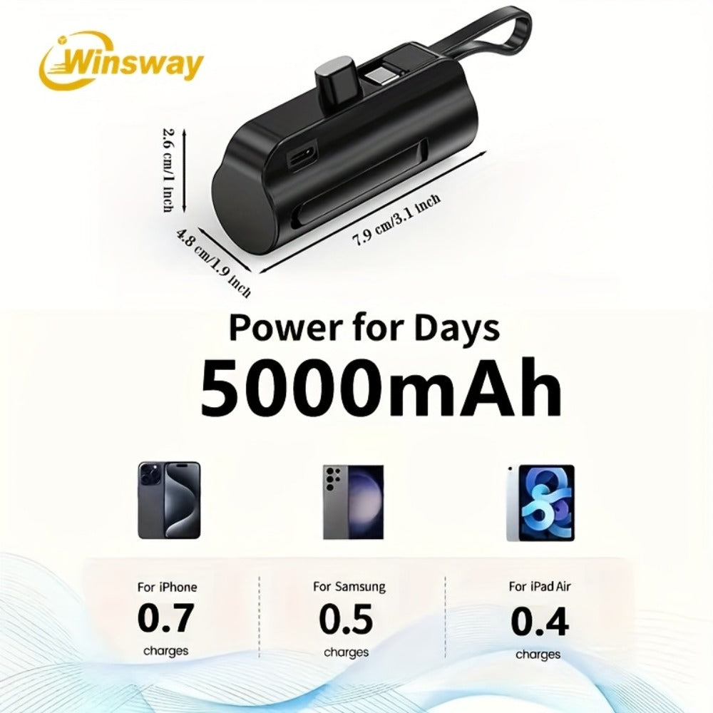 Capsule Mini Power Bank 5000mAh Dual Port Wireless Charging Phone Holder Fast Charge USB-C Cable Charge Two Phones at Once Pocket Portable Charger for Android Samsung iPhone