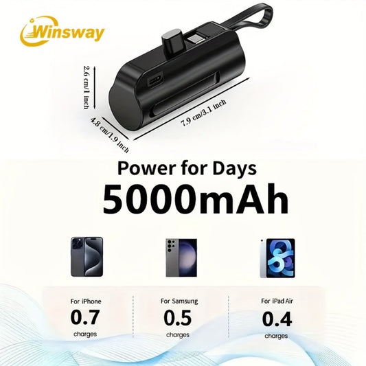 Capsule Mini Power Bank 5000mAh Dual Port Wireless Charging Phone Holder Fast Charge USB-C Cable Charge Two Phones at Once Pocket Portable Charger for Android Samsung iPhone