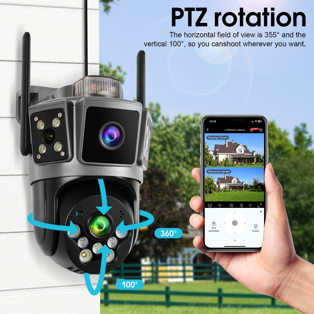 Dual Lens 3-Scene Security Camera WiFi Outdoor Indoor 355° Pan Tilt with Color Night Vision, AI Motion Sensor Alarm, Remote Monitoring, Cloud Storage & SD Card Up to 256GB – Wire-Free Home Surveillance