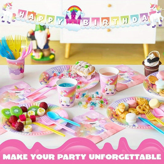 Unicorn Party Tableware Set for 24 Guests, 145 Pieces with Birthday Banner