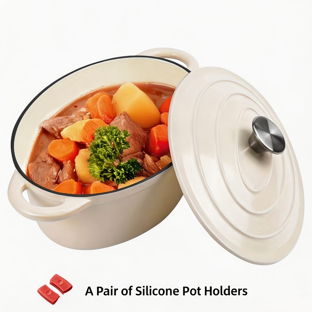 Enameled Cast Iron Dutch Oven with Lid & Dual Handles - Non-Stick Enamel Coating, Lightweight & Portable, Versatile for Bread Baking Daily Cooking Home & Outdoor Use, Available in 5 Colors