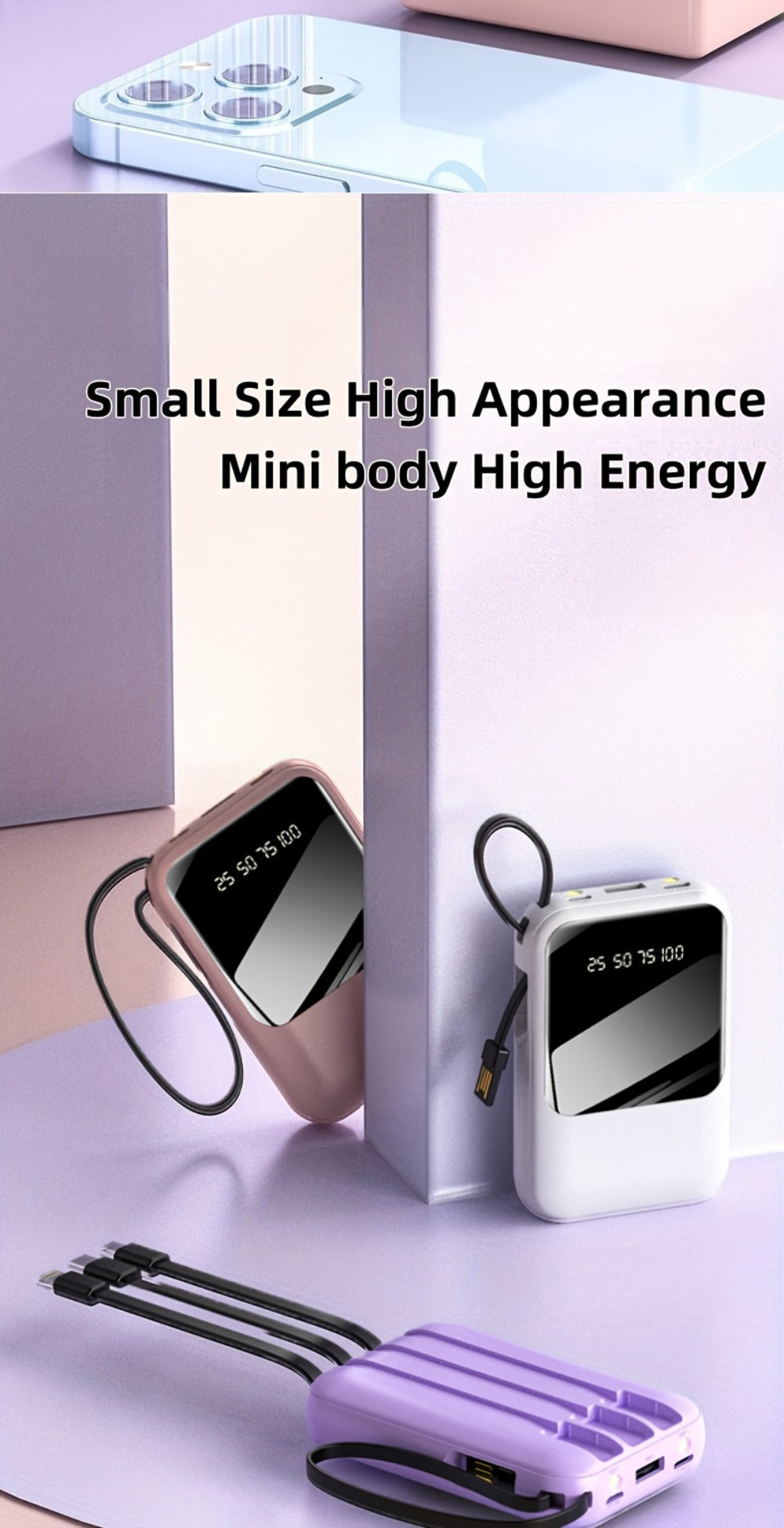 10000mAh Mini Power Bank with Built-in 4 Cables – 22.5W Super Fast Charging, LED Display, Cute Portable Charger for iPhone, Android, Samsung & Travel, Ultra-Compact Battery Pack with LED Light