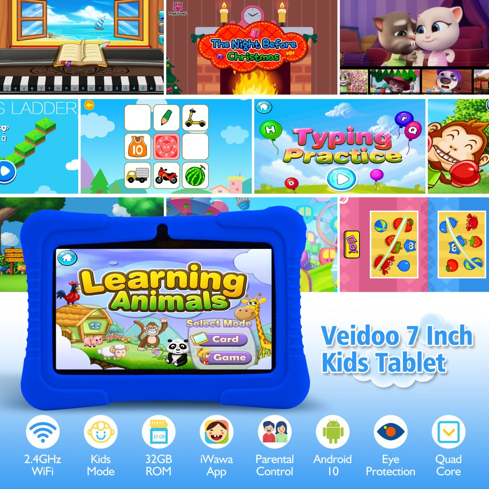 Kids Tablet 7 Inch Android with Parental Controls, Dual Camera & Silicone Case – 2GB RAM, 16/32GB Storage, WiFi, Eye Protection Screen, Educational Gift for Boys & Girls Ages 3-10