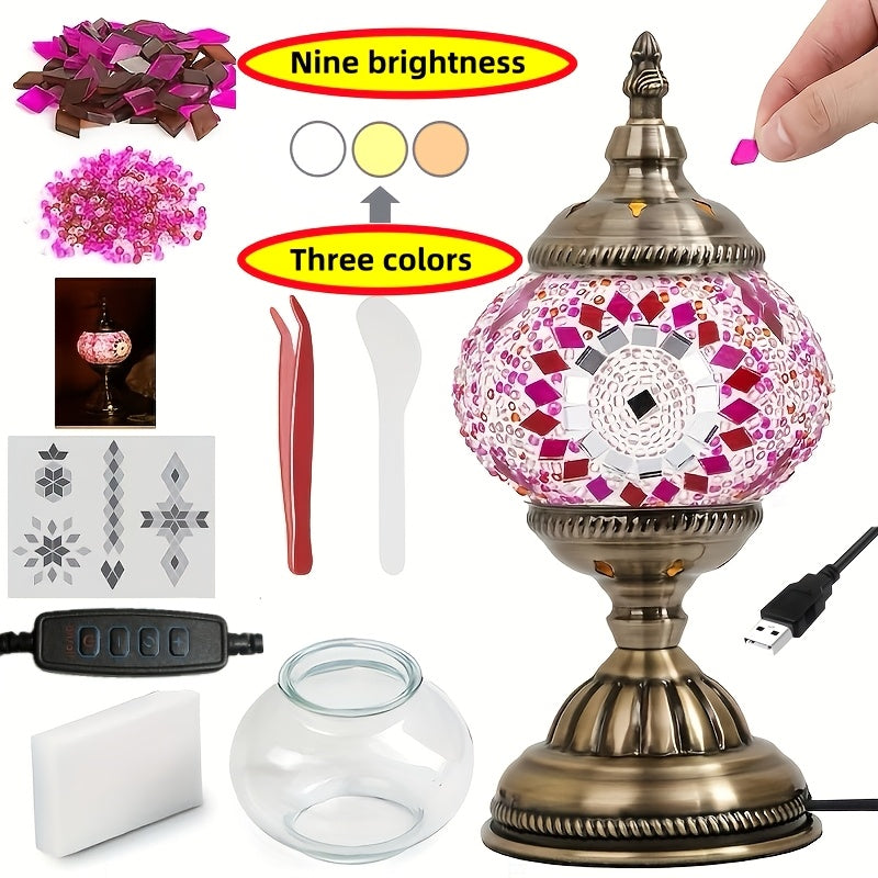 DIY Turkish Moroccan Mosaic Lamp Kit Handmade Glass Metal Brass Dimmable Bohemian Table Light for Bedroom Living Room Office Vintage Boho Decor Gift Multiple Colors 3-Color Adjustable Option