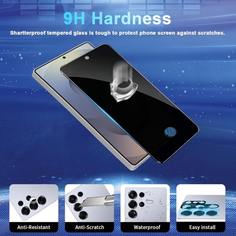 Samsung Galaxy Screen Protector Privacy + Camera Lens 2+2 Pack – 9H Anti-Spy Tempered Glass, Fingerprint Unlock Support, HD Clear, Anti-Scratch, Easy Install, Galaxy S23 Ultra & A34