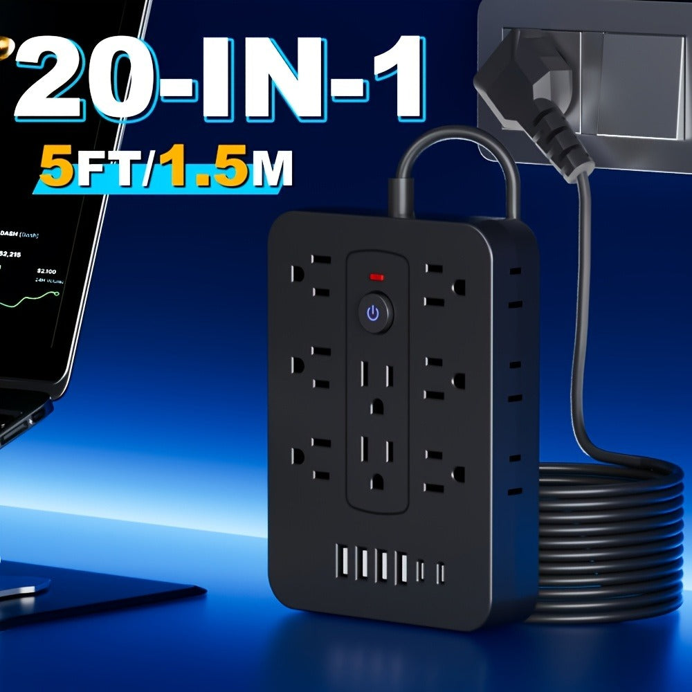 Compact Flat Plug Power Strip 20-in-1, 14 AC Outlets & 6 USB Ports (4 USB-A + 2 USB-C), Lightning Surge Protection, Space-Saving Extension Cord for Home Travel Office Kitchen – Overload Protection