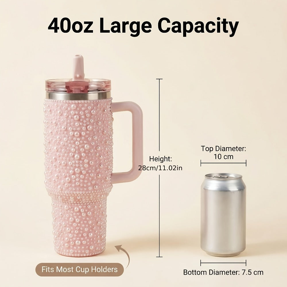 40oz Rhinestone Tumbler with Handle and Straw – Stainless Steel Double Wall Insulated Cup | Pearl Glitter Travel Mug for Sublimation Outdoor Sports Camping Holiday Gift